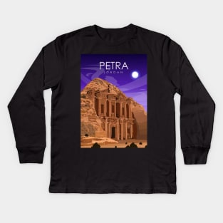 Petra Jordan Vintage Minimal Travel Poster at Night Kids Long Sleeve T-Shirt